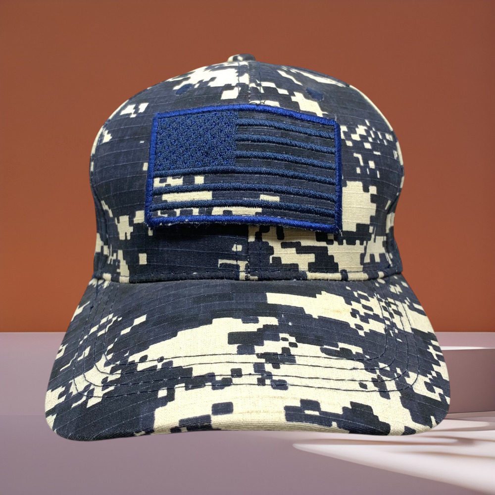 Pixelated Camo Camouflage Strapback Dad Hat Cap Embroidered USA Flag Patch